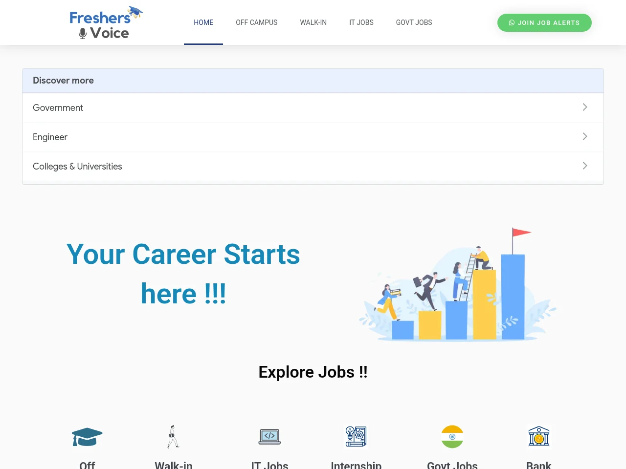 FreshersVoice job board platform screenshot showing job search interface