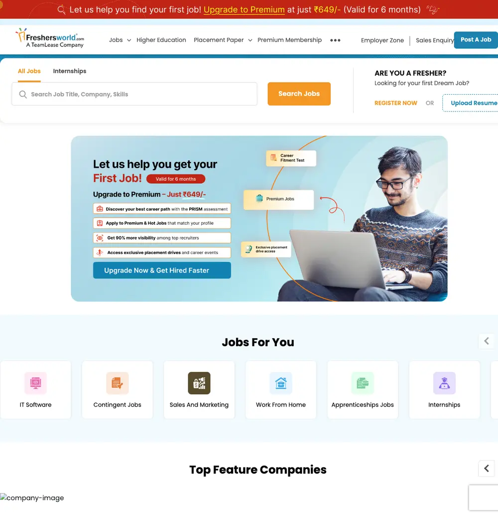 Freshersworld.com job board platform screenshot showing job search interface