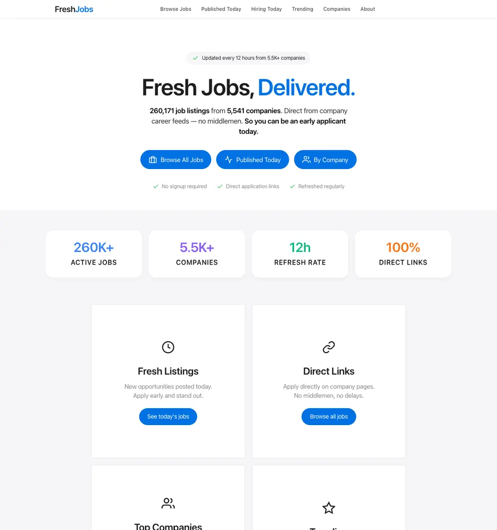 Fresh Jobs Today job board platform screenshot showing job search interface