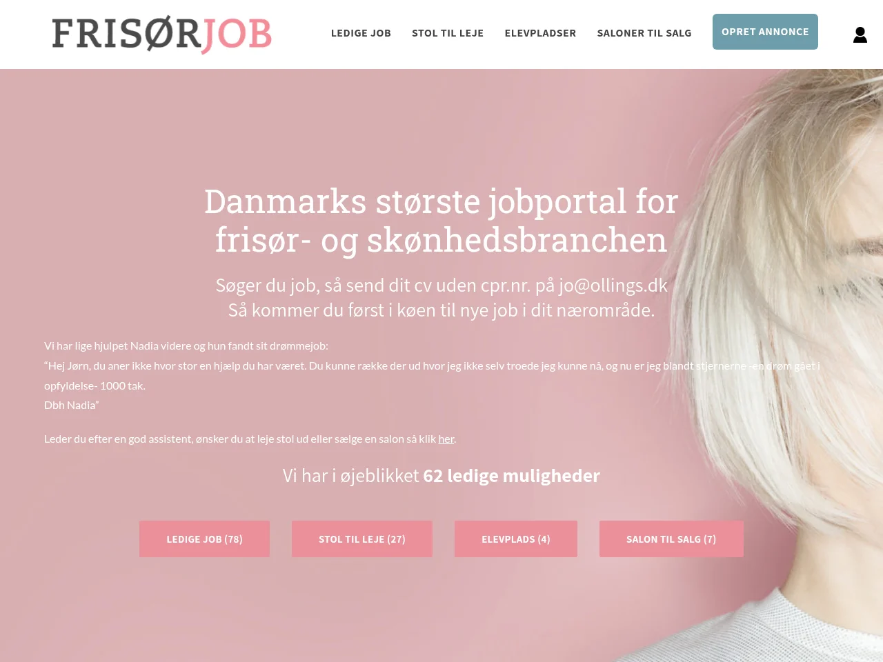Frisørjob job board platform screenshot showing job search interface