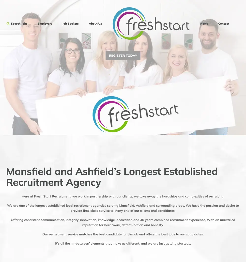 Freshstart Recruitment job board platform screenshot showing job search interface