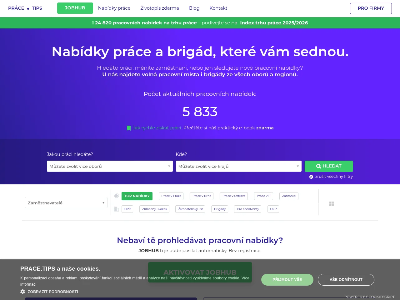 Práce.tips job board platform screenshot showing job search interface