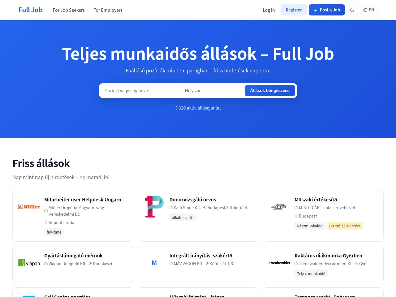 Full Job job board platform screenshot showing job search interface