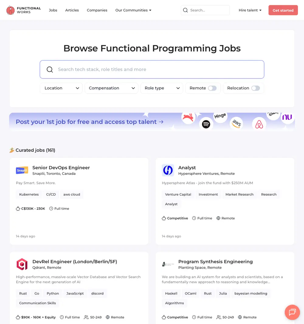 Functional Works job board platform screenshot showing job search interface