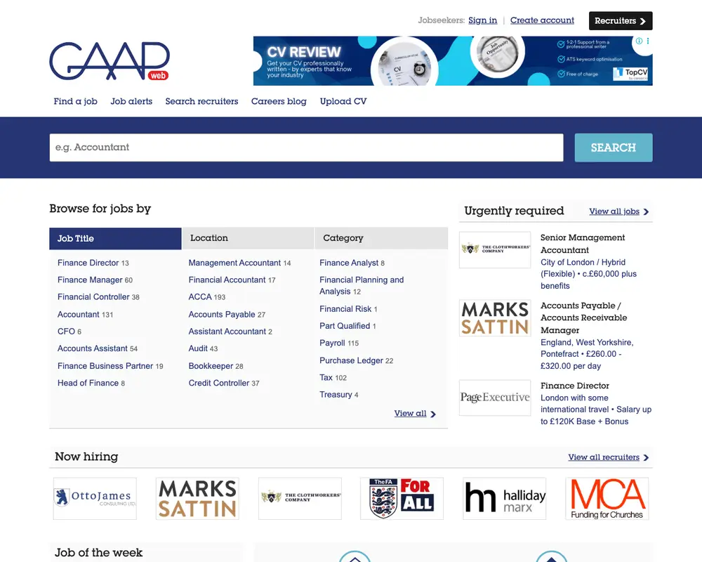 GAAPweb job board platform screenshot showing job search interface