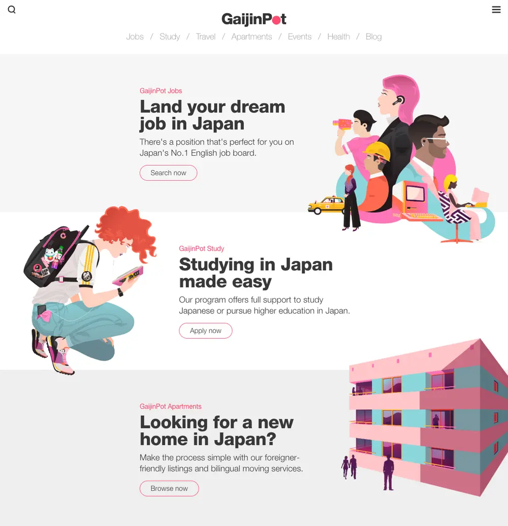 GaijinPot job board platform screenshot showing job search interface