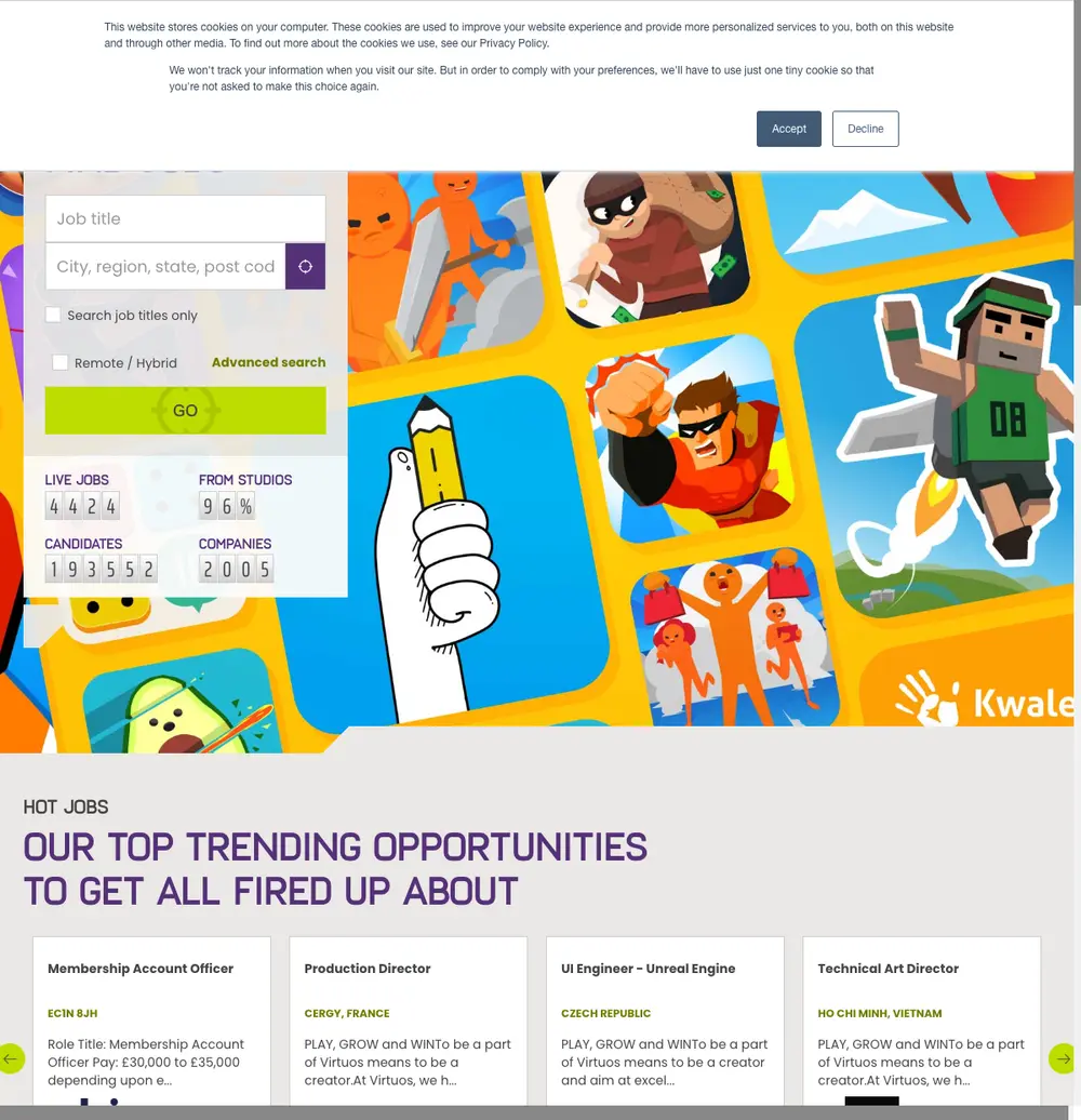 Games Jobs Direct job board platform screenshot showing job search interface