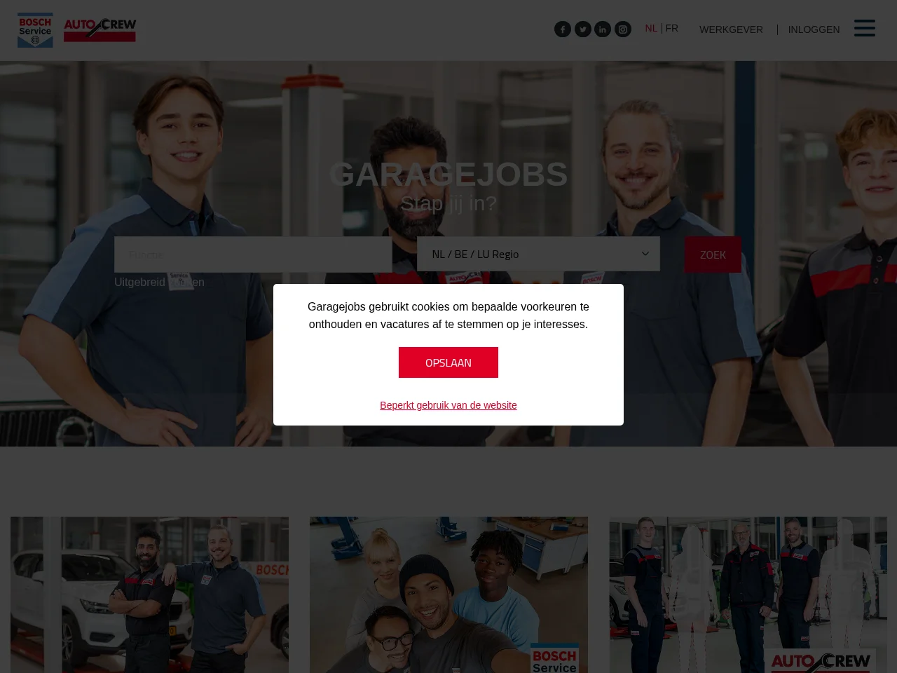 GarageJobs job board platform screenshot showing job search interface
