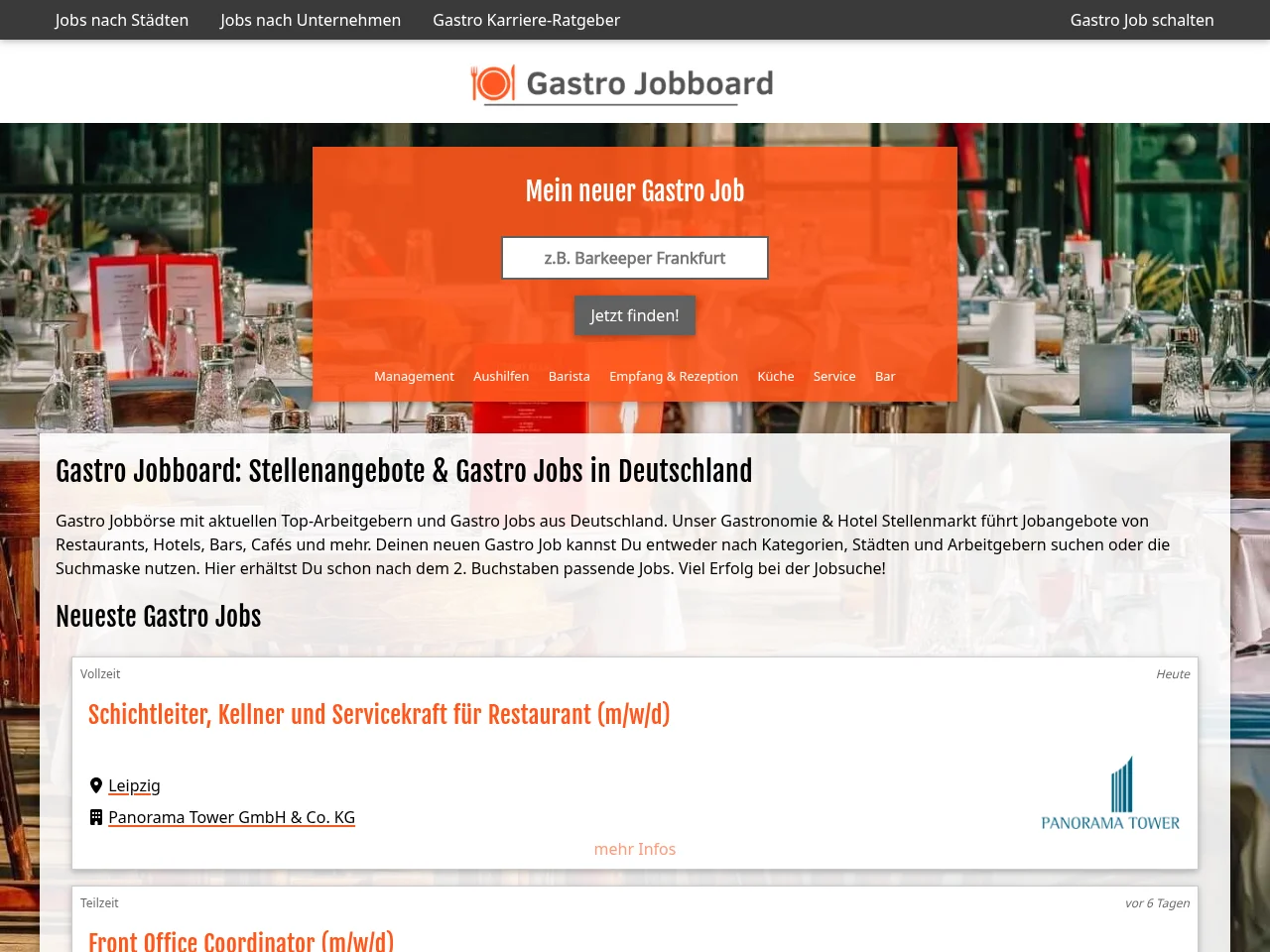 Gastro Jobboard job board platform screenshot showing job search interface