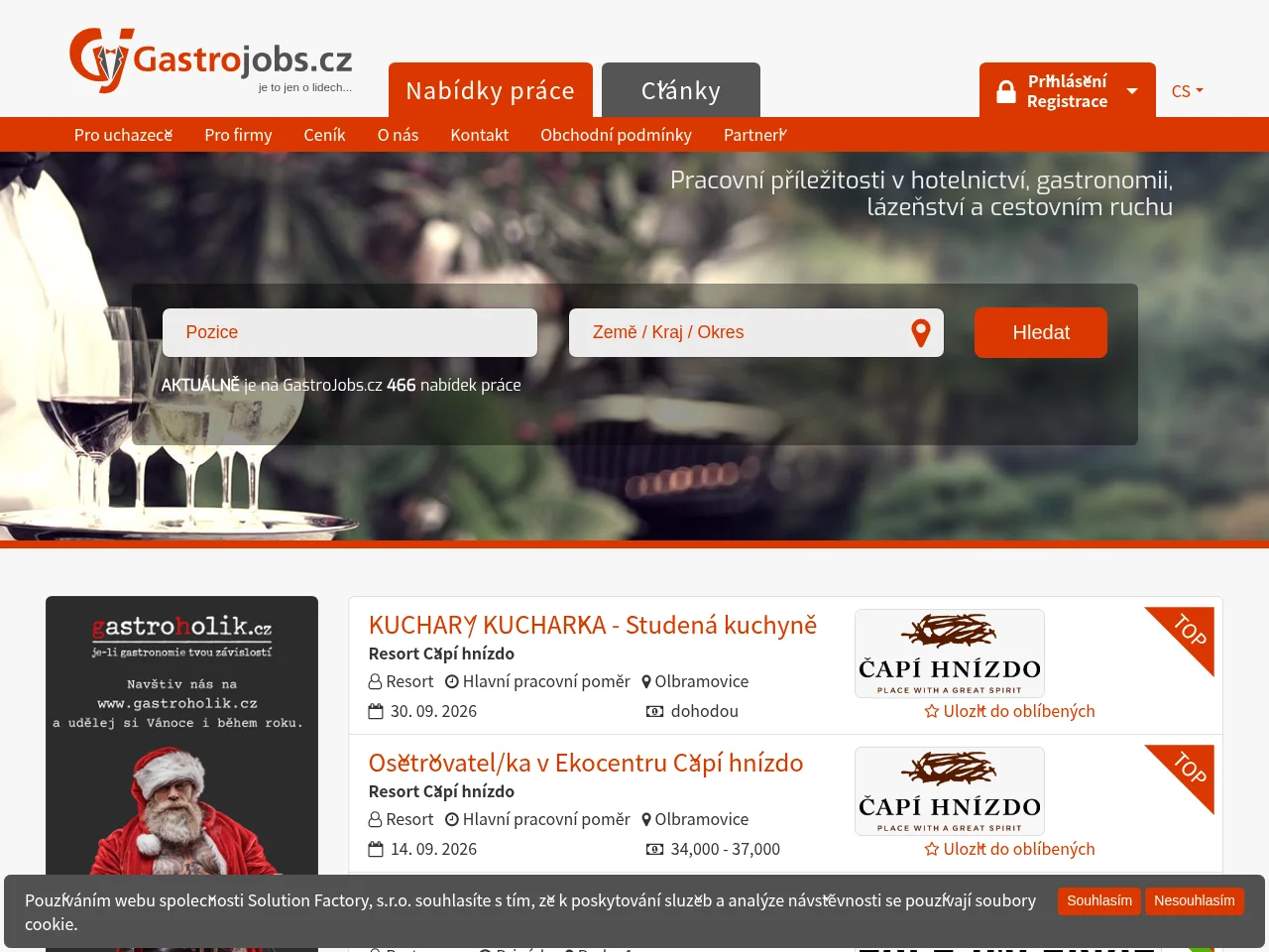 GastroJobs.cz job board platform screenshot showing job search interface