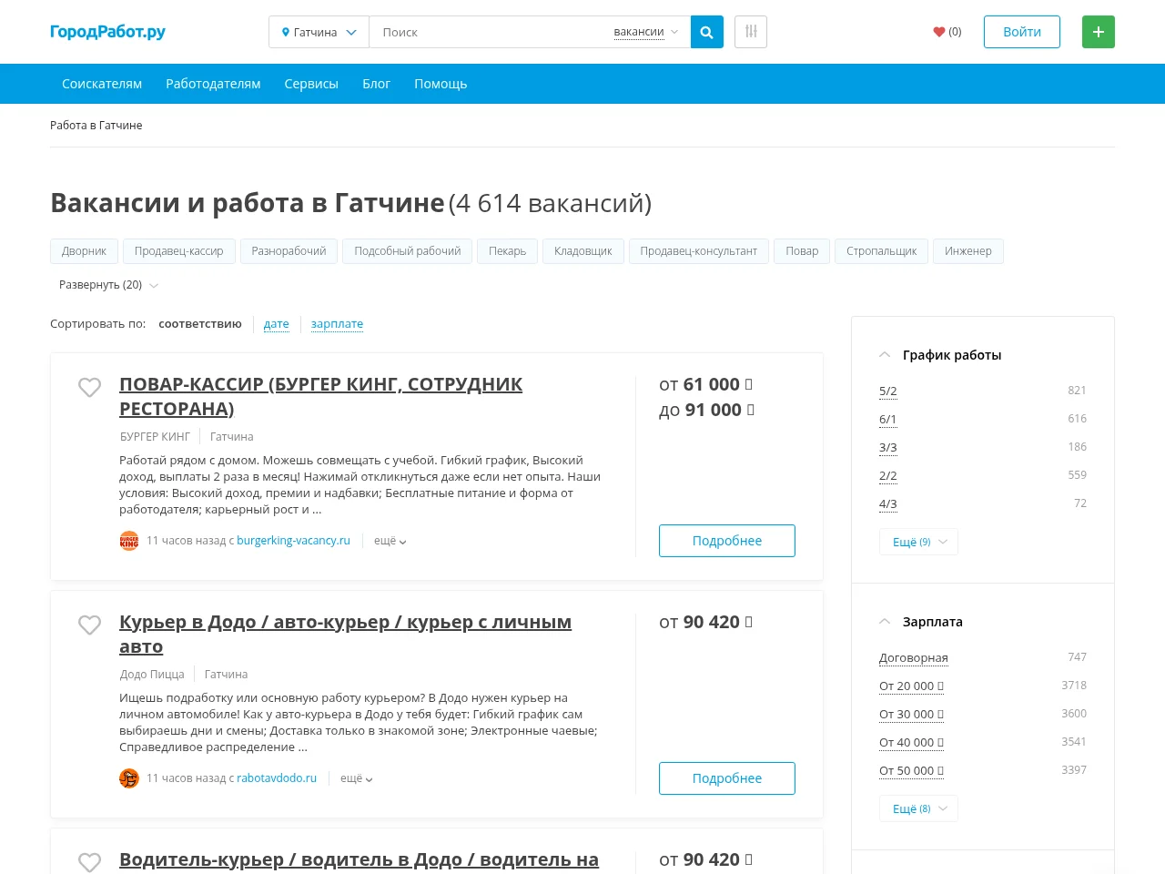 ГородРабот.ру job board platform screenshot showing job search interface