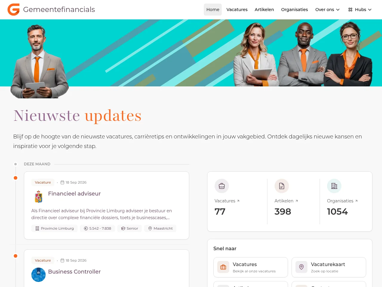 Gemeentefinancials job board platform screenshot showing job search interface