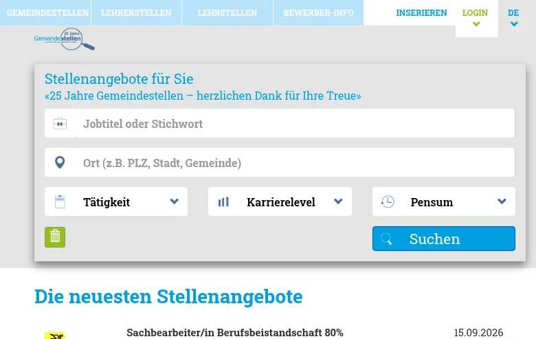 Gemeindestellen.ch screenshot Gemeindestellen.ch job board platform screenshot showing job search interface