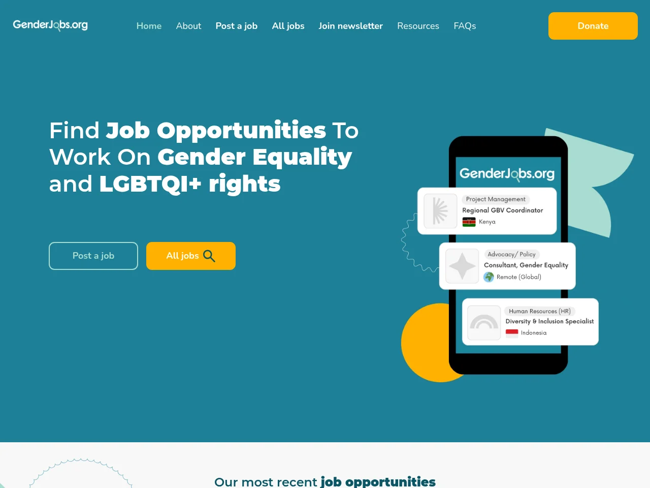 GenderJobs.org job board platform screenshot showing job search interface