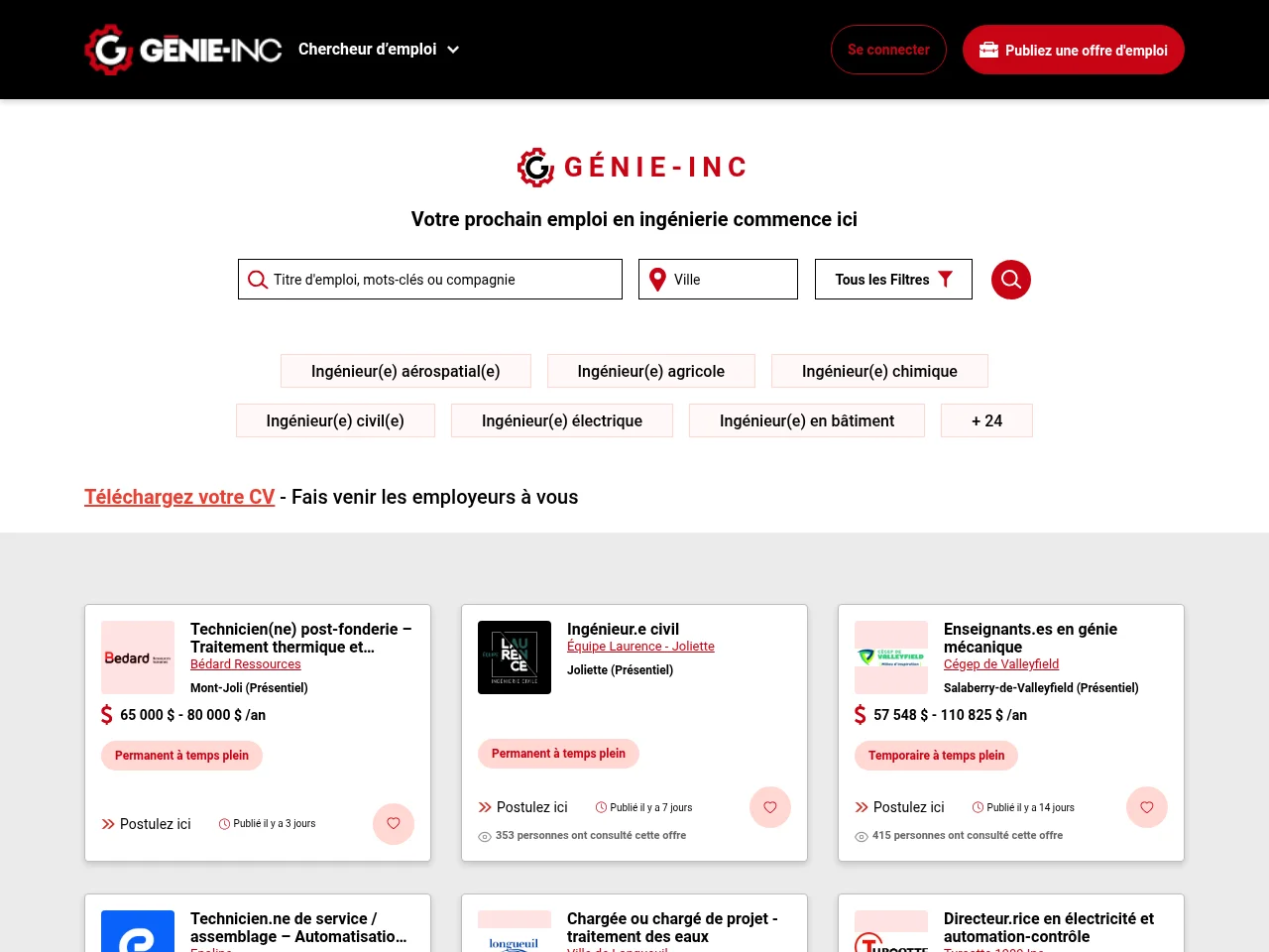 Génie-inc job board platform screenshot showing job search interface