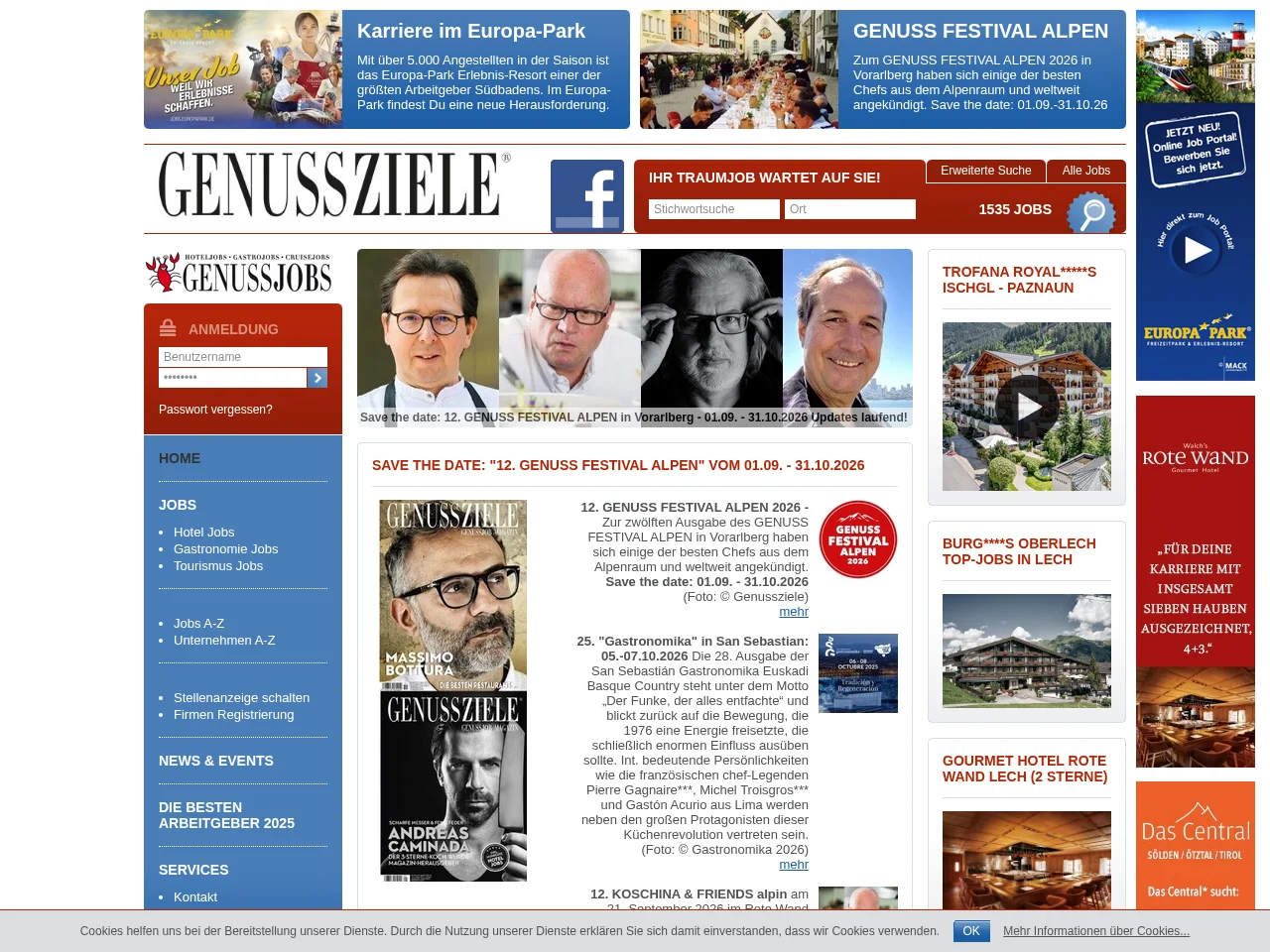 GENUSSZIELE.COM job board platform screenshot showing job search interface