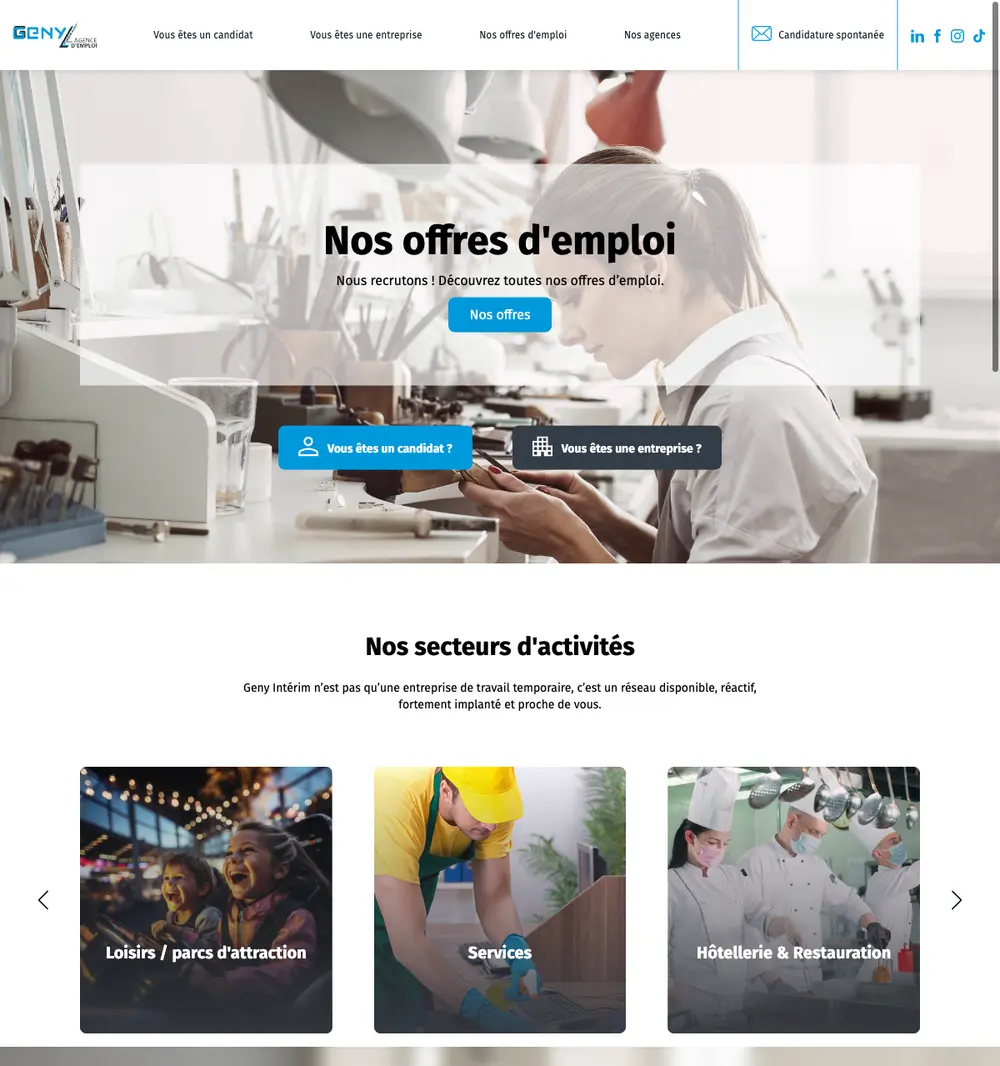 Geny Intérim job board platform screenshot showing job search interface