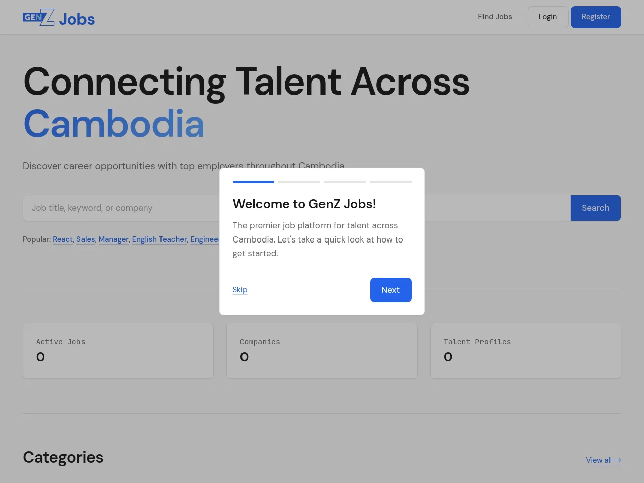 GenZ Jobs job board platform screenshot showing job search interface