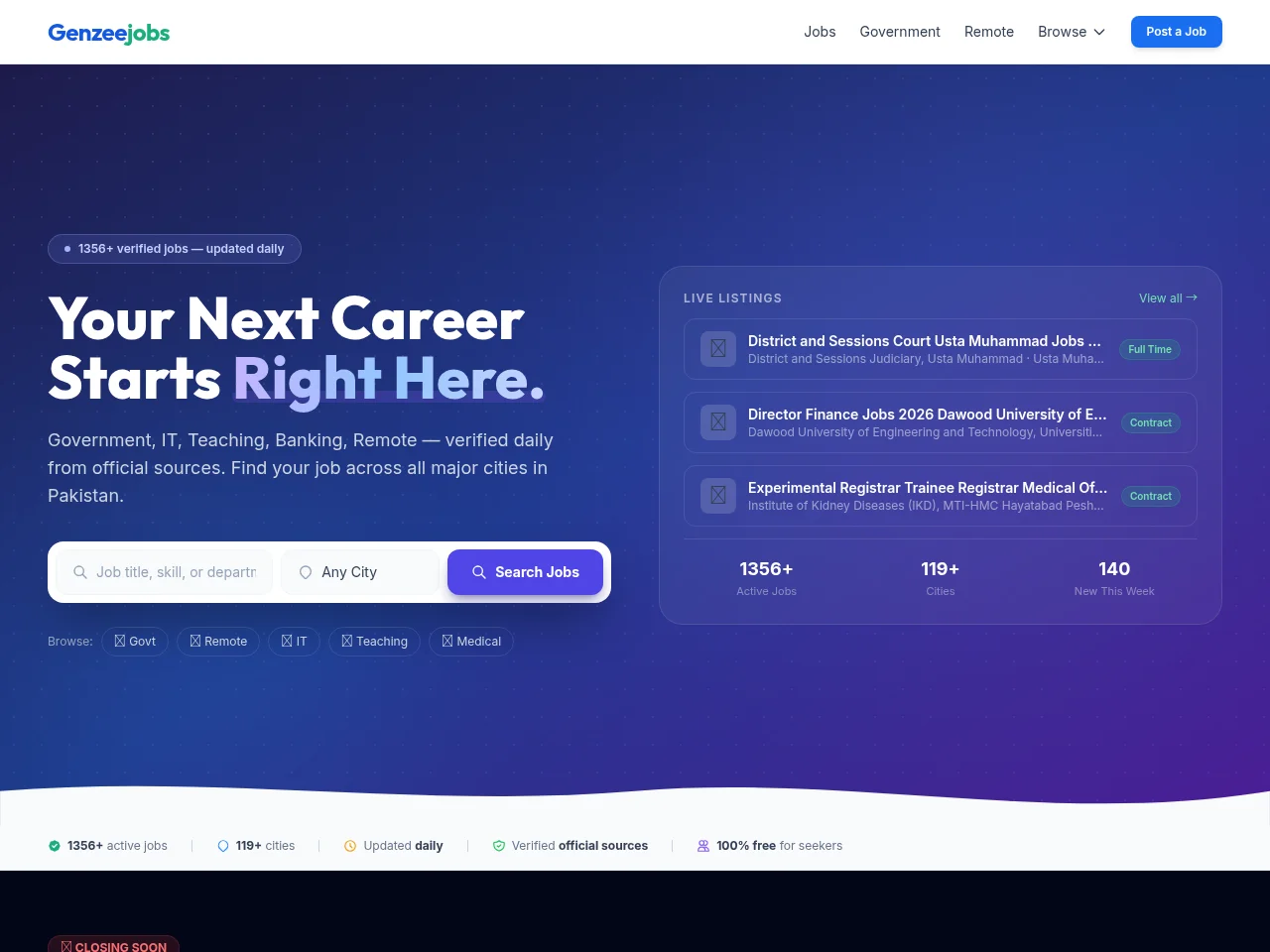 Genzeejobs job board platform screenshot showing job search interface