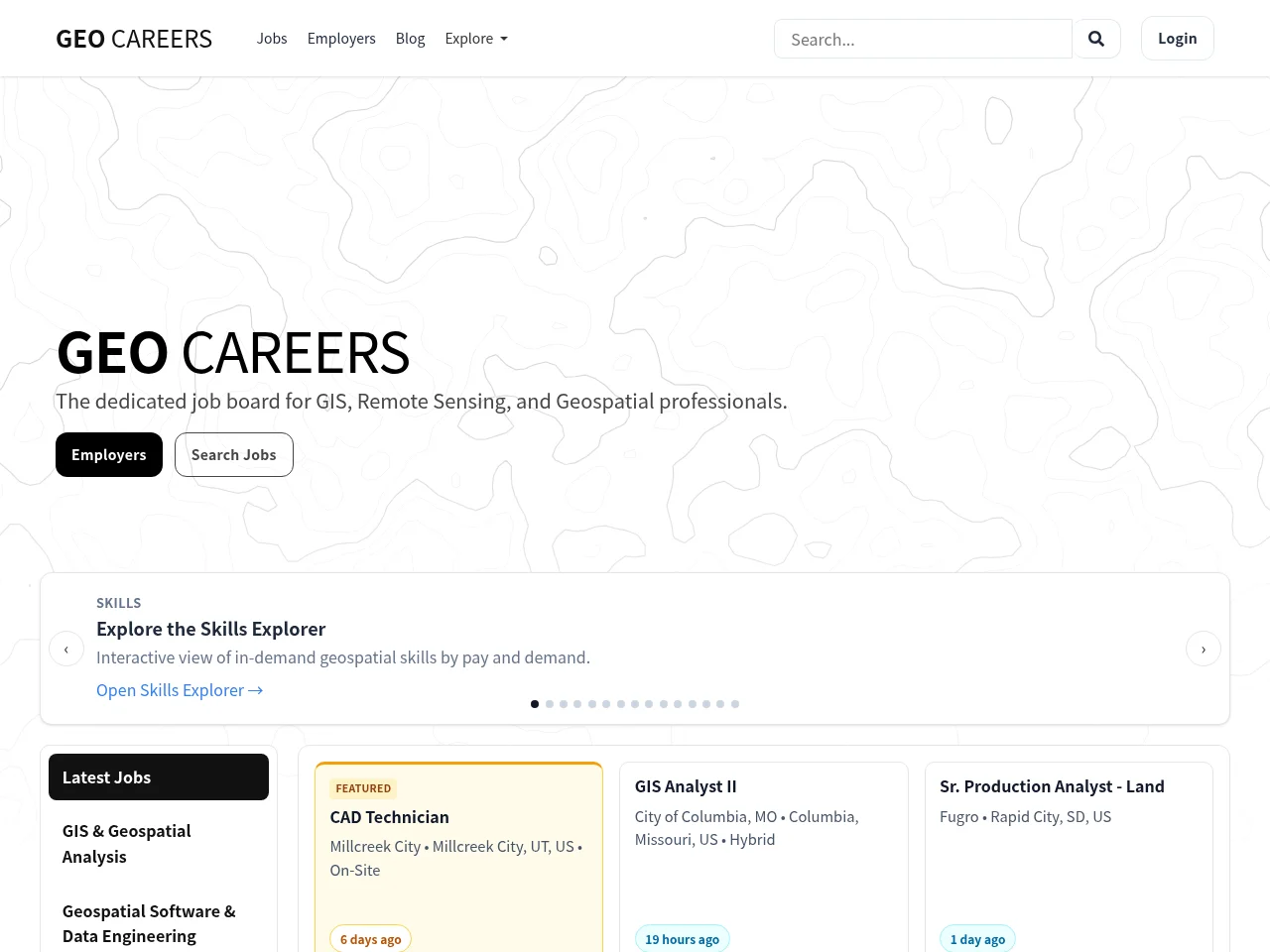 GEO CAREERS job board platform screenshot showing job search interface