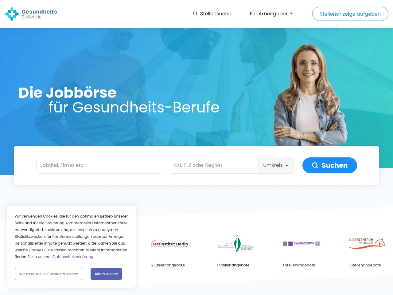 Gesundheits-Stellen.de job board platform screenshot showing job search interface