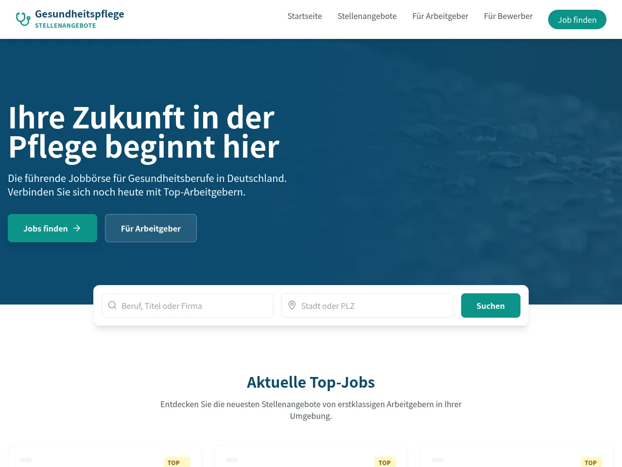 Gesundheitspflege-Stellenangebote.de job board platform screenshot showing job search interface