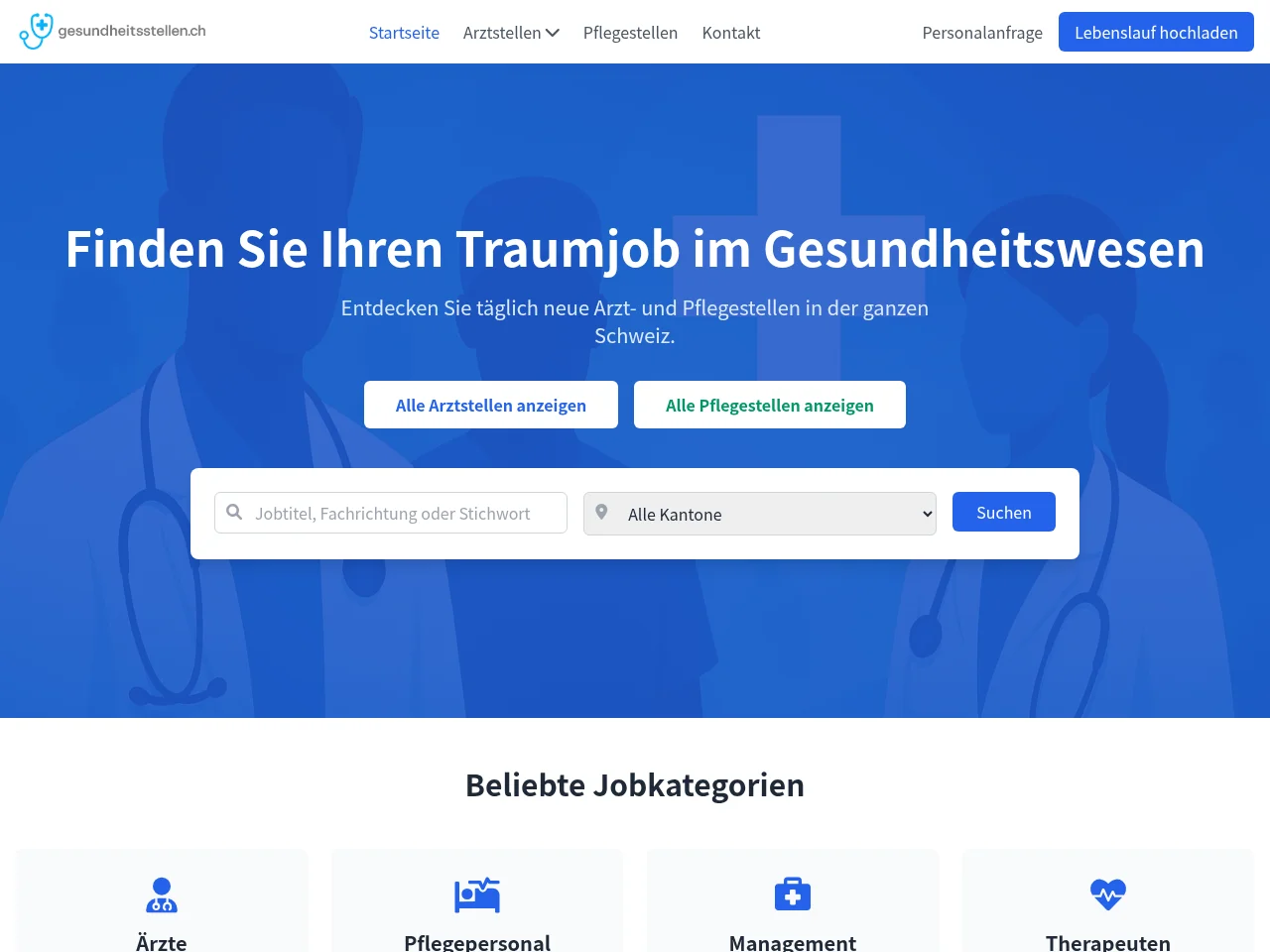 gesundheitsstellen.ch job board platform screenshot showing job search interface