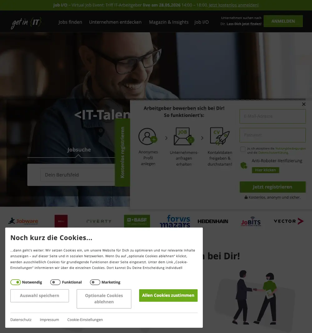 get in IT job board platform screenshot showing job search interface