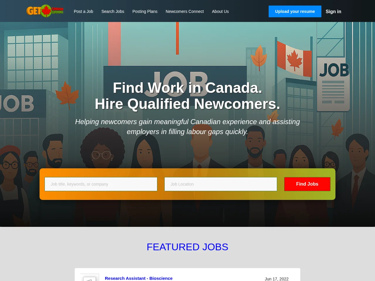 GetCanadianExperience.ca job board platform screenshot showing job search interface