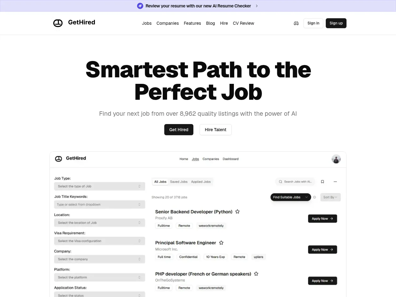 GetHired job board platform screenshot showing job search interface