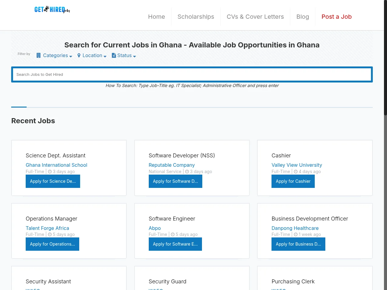 Get Hired Jobs Ghana job board platform screenshot showing job search interface
