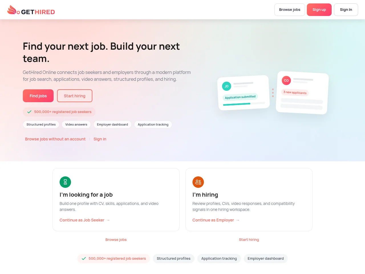 GetHired Online screenshot GetHired Online job board platform screenshot showing job search interface