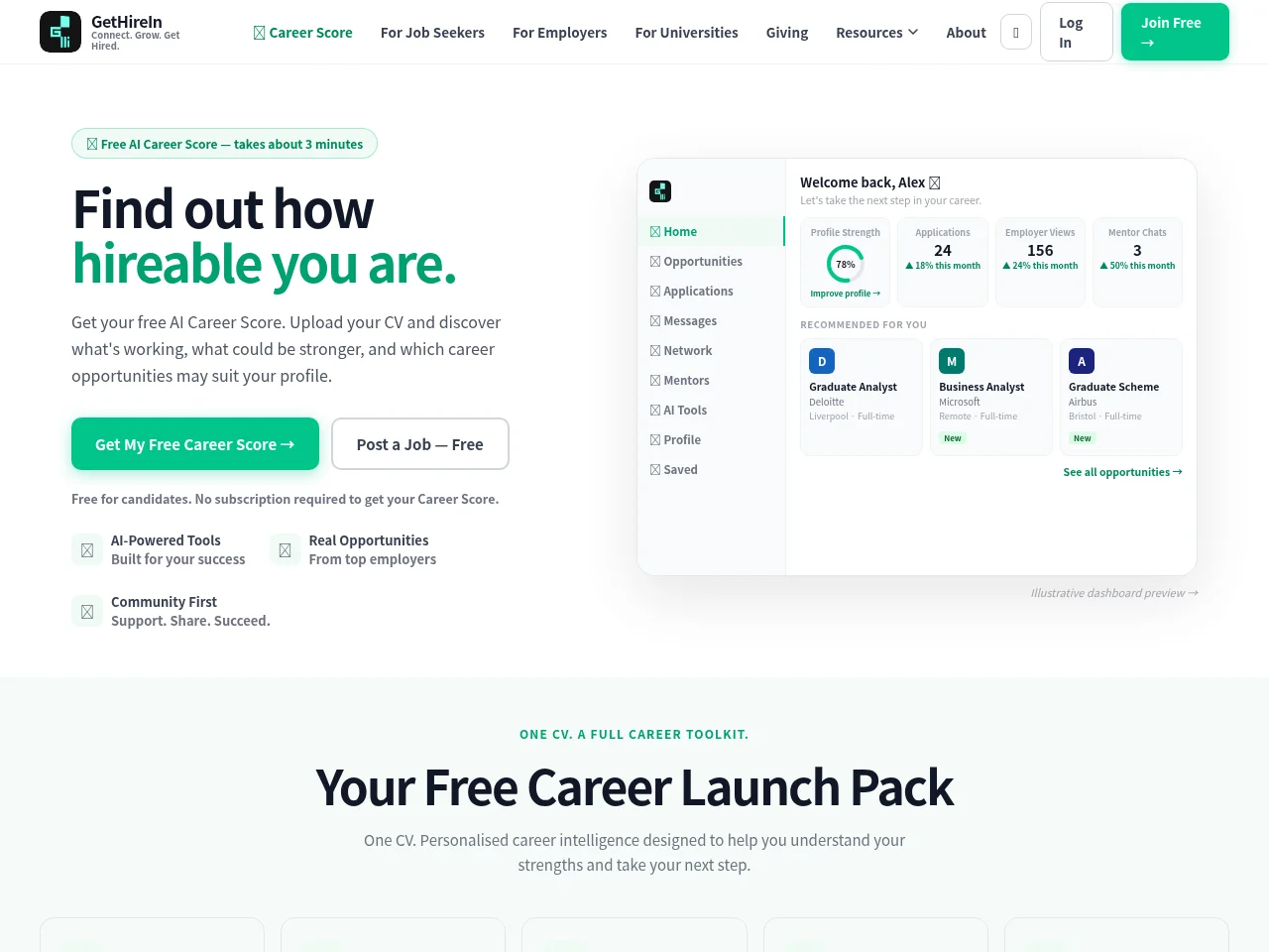 GetHireIn job board platform screenshot showing job search interface
