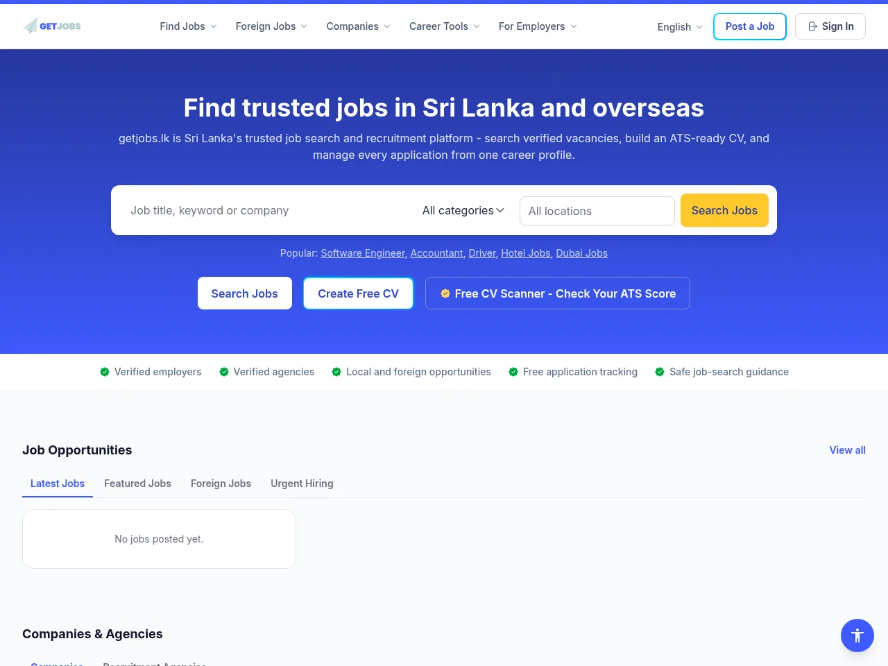getjobs.lk job board platform screenshot showing job search interface