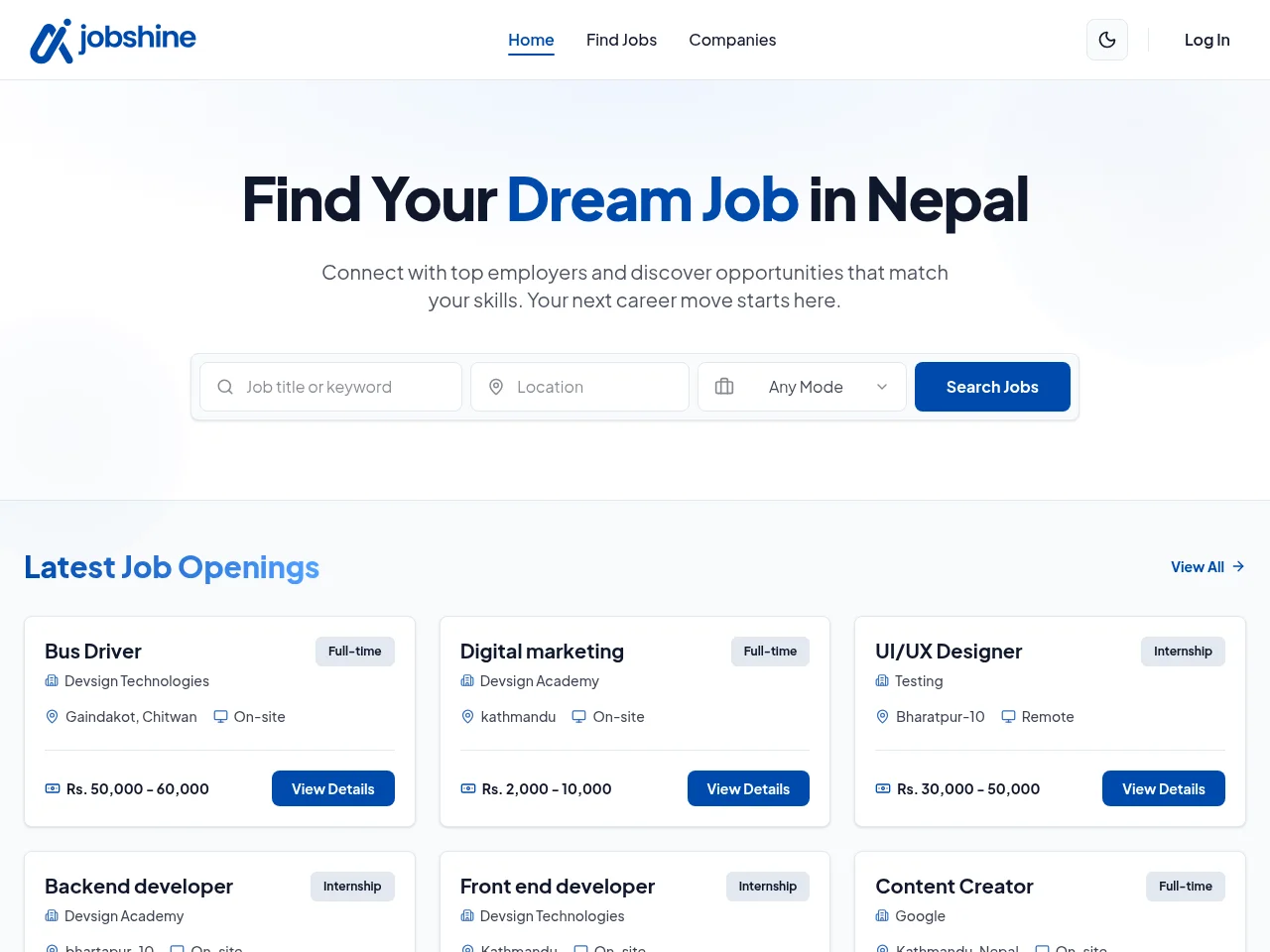 Jobshine job board platform screenshot showing job search interface
