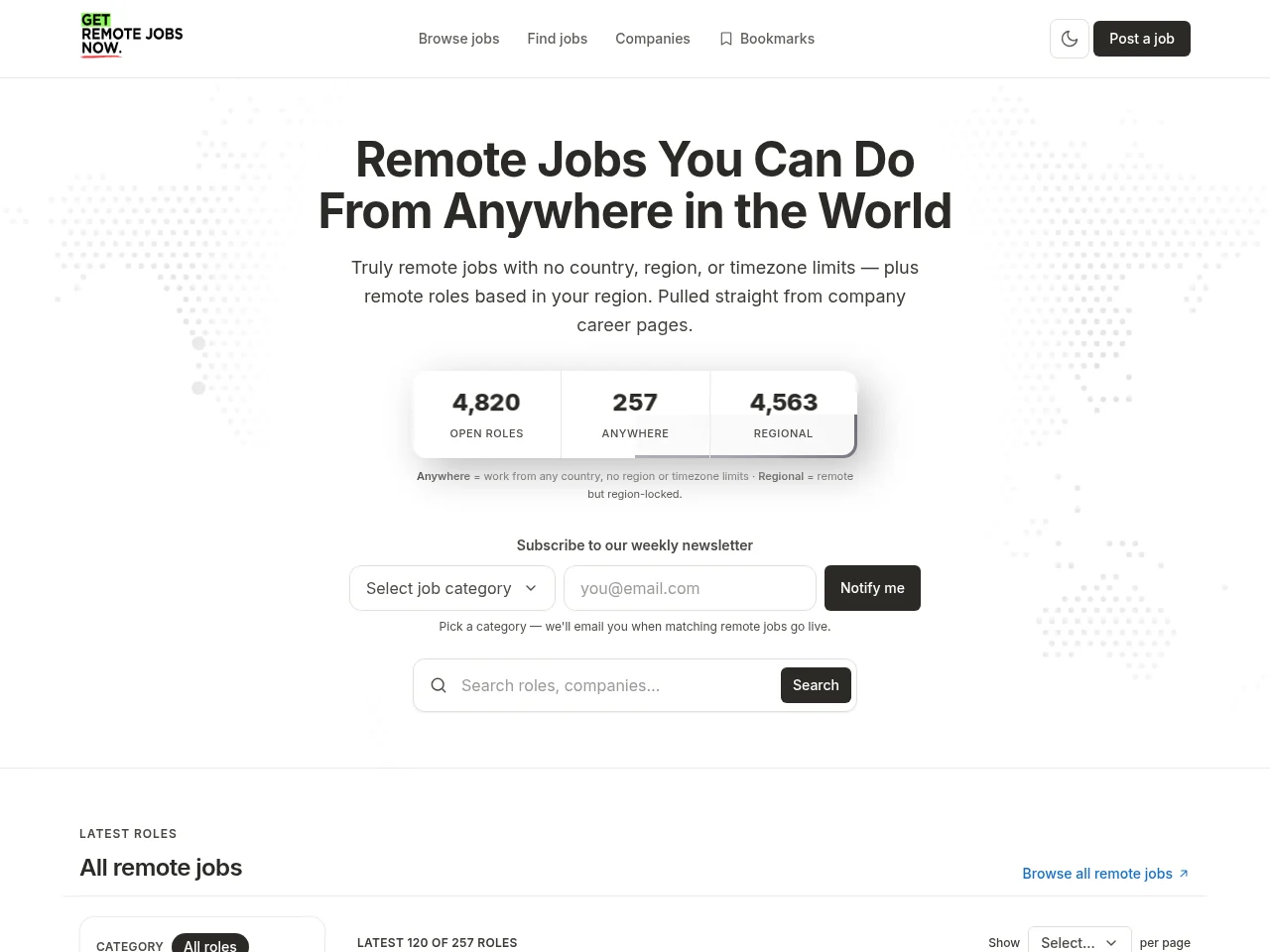 getremotejobsnow.com job board platform screenshot showing job search interface