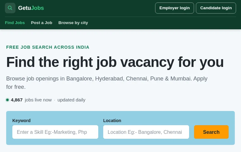 getujobs job board platform screenshot showing job search interface