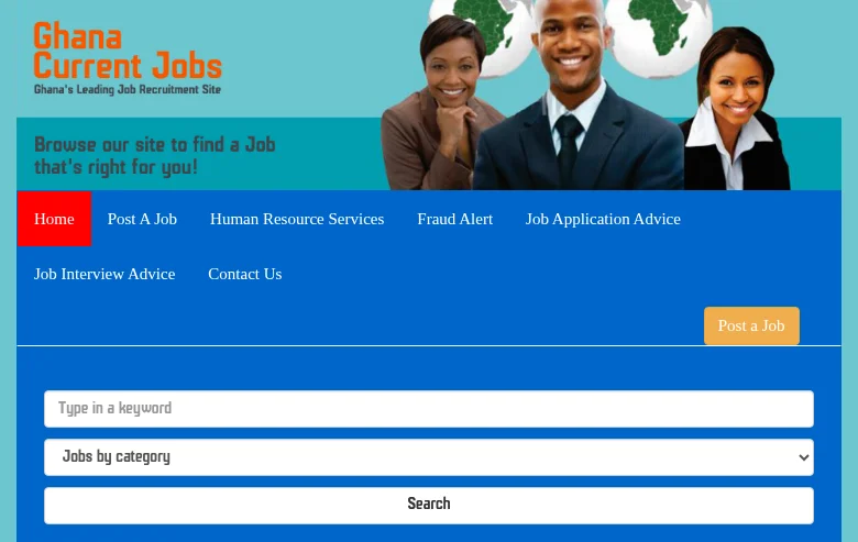 Ghana Current Jobs job board platform screenshot showing job search interface