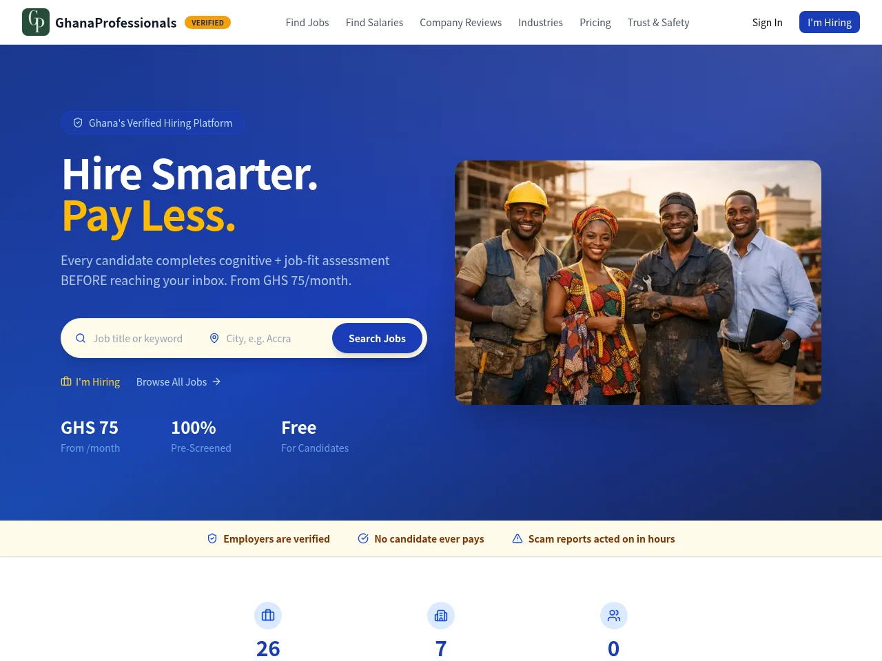 GhanaProfessionals job board platform screenshot showing job search interface