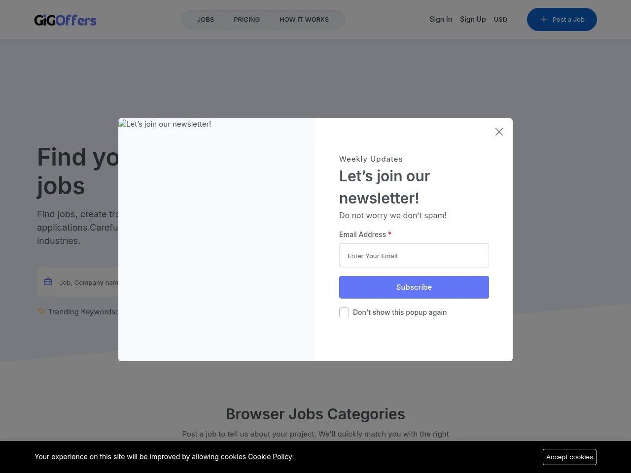 GigOffers job board platform screenshot showing job search interface