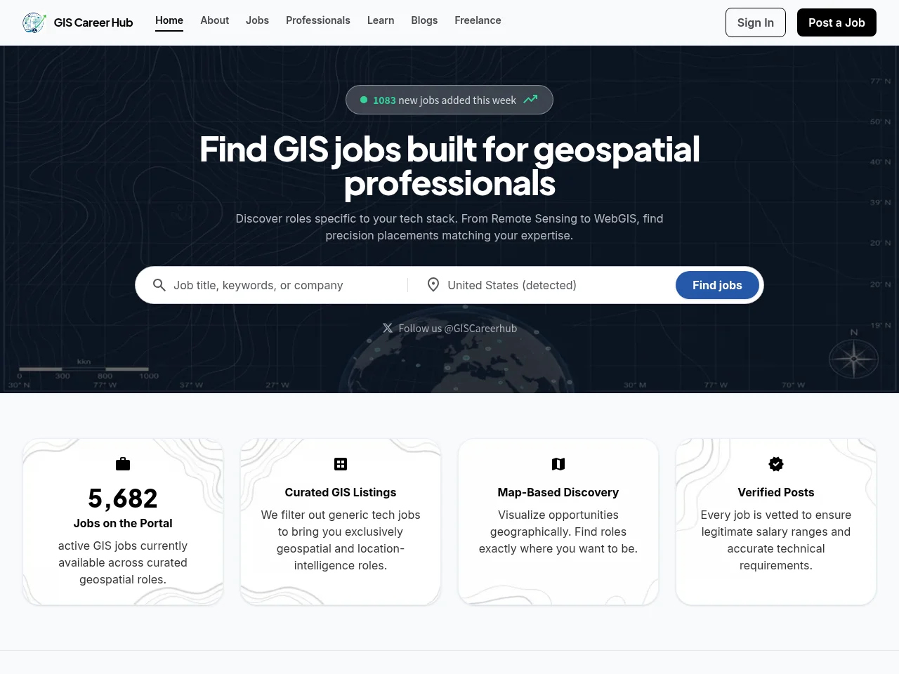 GIS Career Hub job board platform screenshot showing job search interface