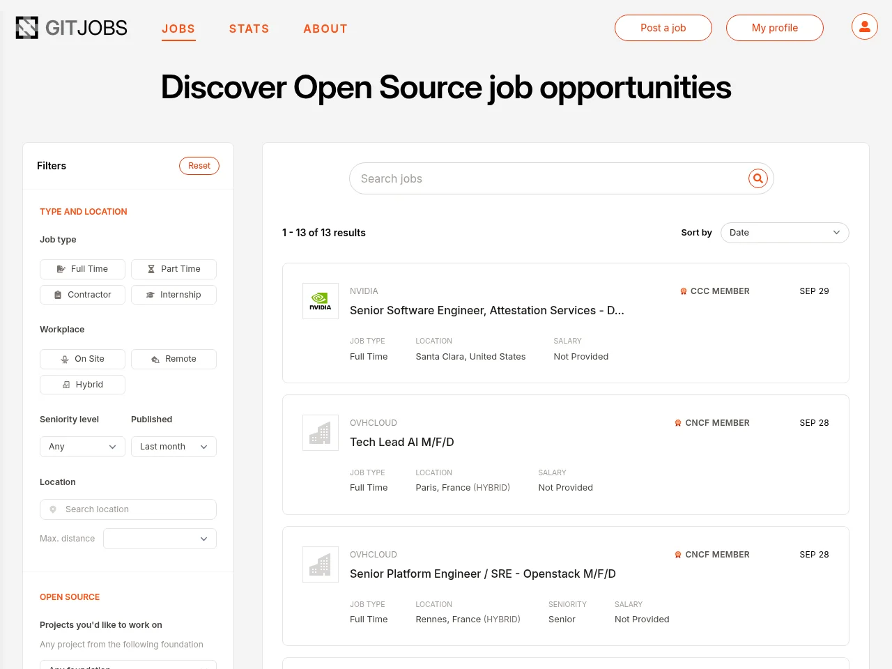 GitJobs job board platform screenshot showing job search interface