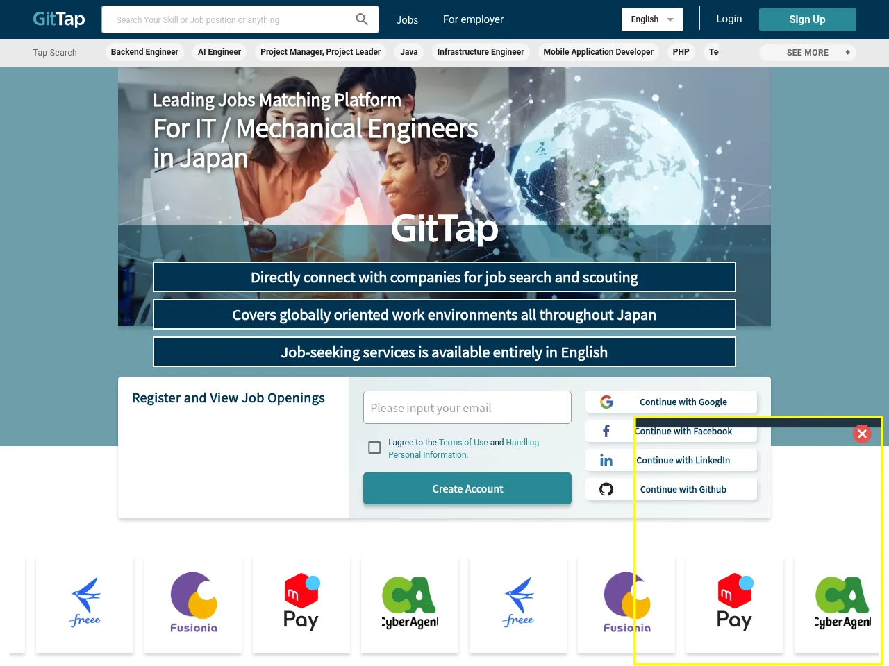 GitTap job board platform screenshot showing job search interface