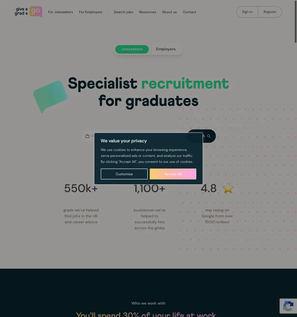 Give a Grad a Go job board platform screenshot showing job search interface