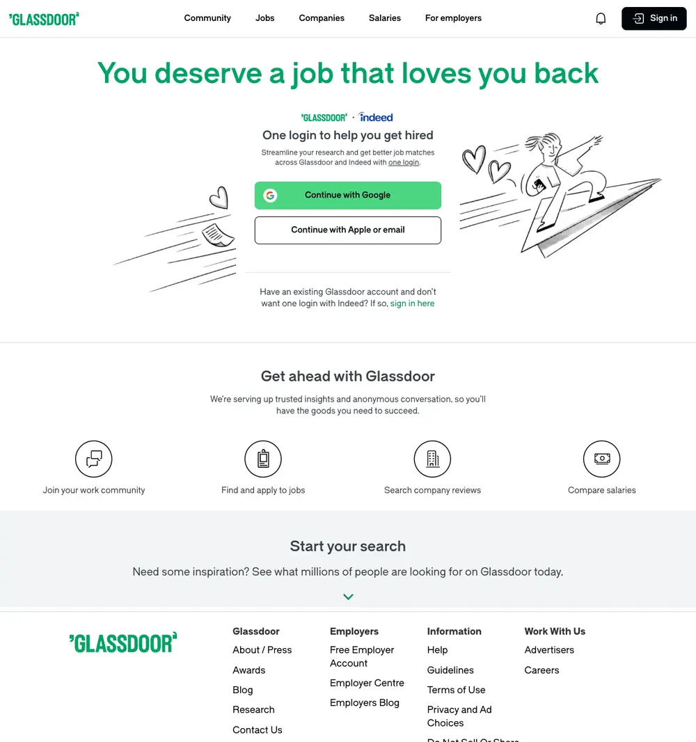 Glassdoor job board platform screenshot showing job search interface