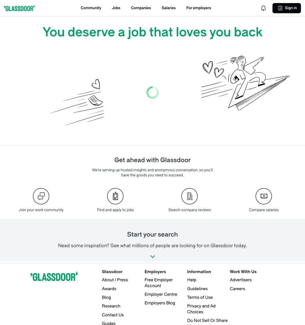 Glassdoor job board platform screenshot showing job search interface