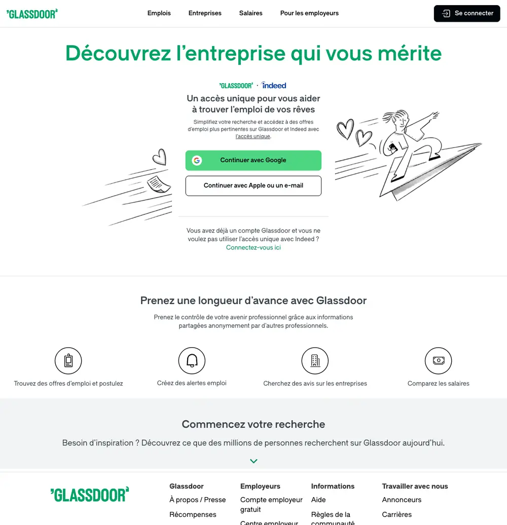 Glassdoor France job board platform screenshot showing job search interface