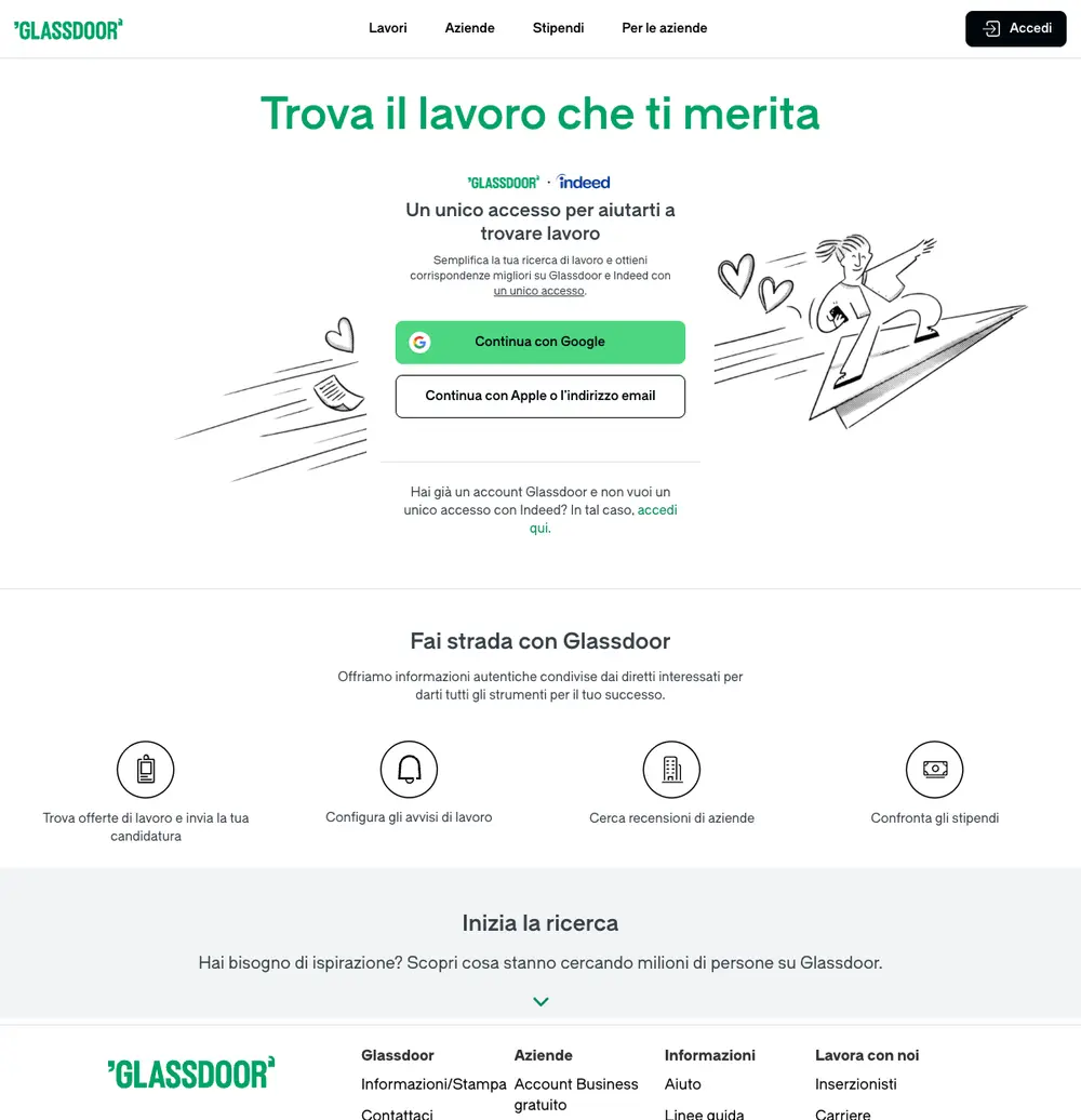 Glassdoor Italy job board platform screenshot showing job search interface