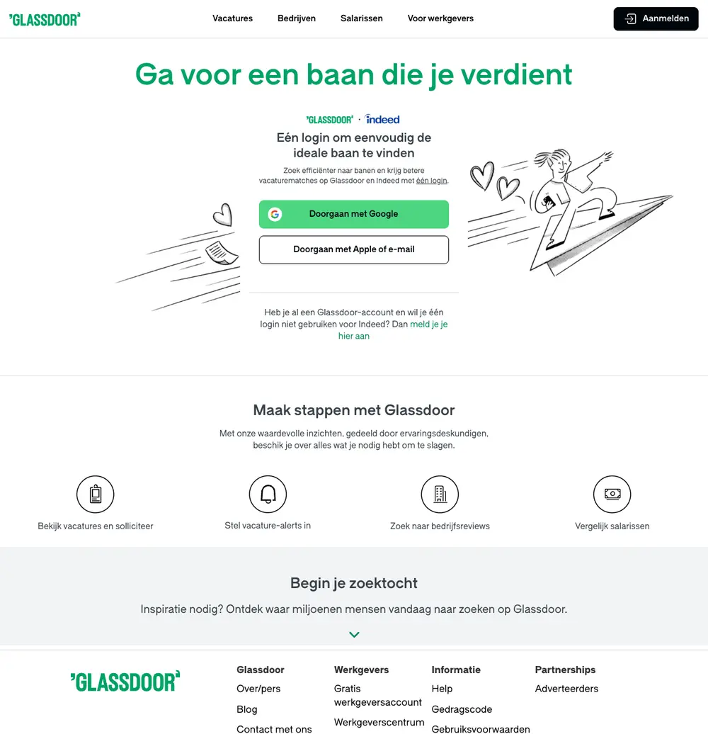 Glassdoor Netherlands job board platform screenshot showing job search interface