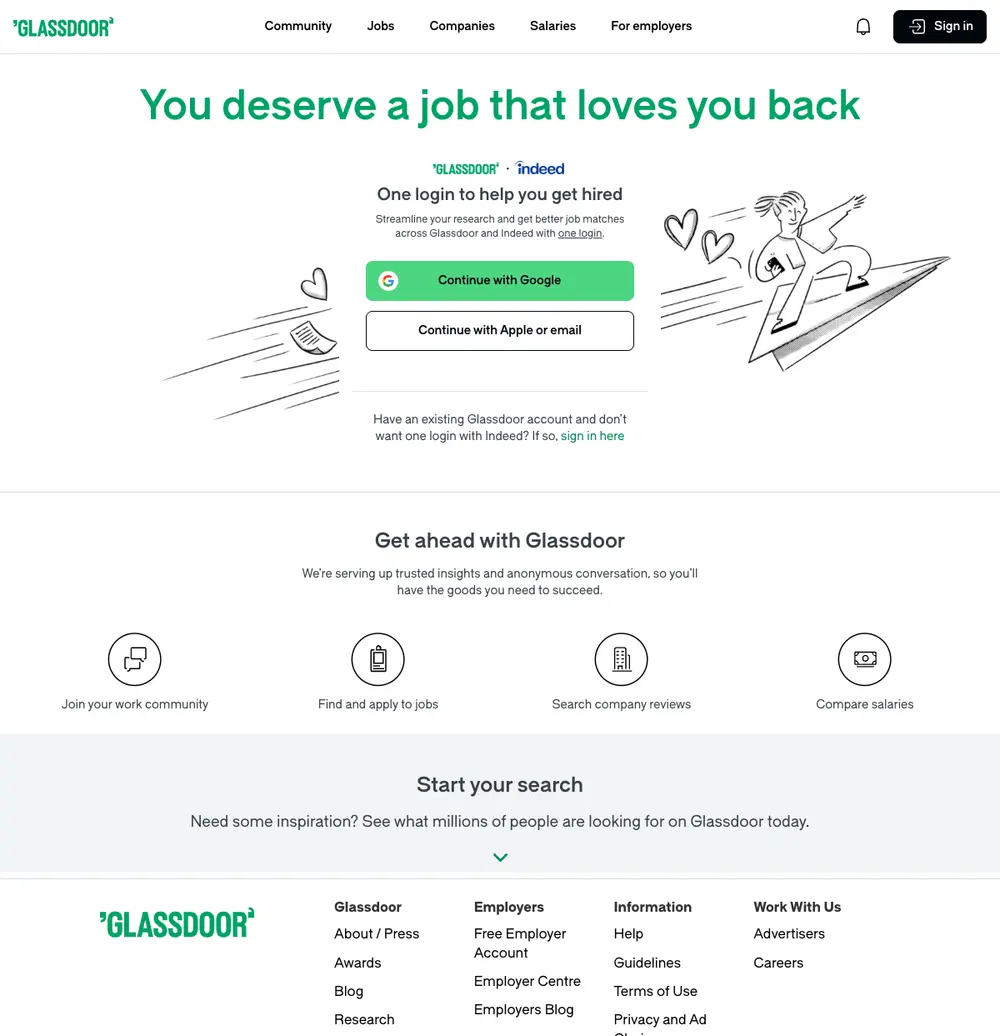 Glassdoor job board platform screenshot showing job search interface